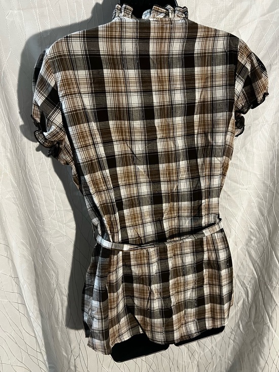 Max Rave- Womens Brown Plaid Ruffle Button-Front Top - Picture 3 of 4